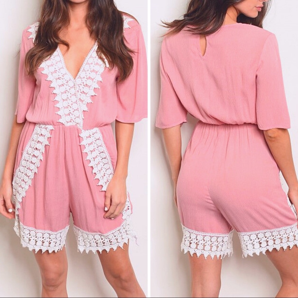 🛍️SALE BOHO CHIC ROMPER MAUVE PINK WHITE CROCHET ACCENT by MIAO MIAO S M L